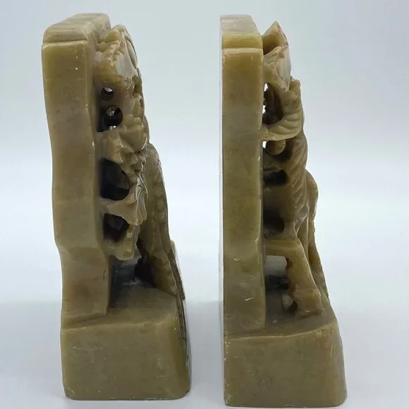 Vintage Pair of Hand-Carved Green Soapstone Bookends Phoenix Bird Lotus Flower - Picture 13 of 16